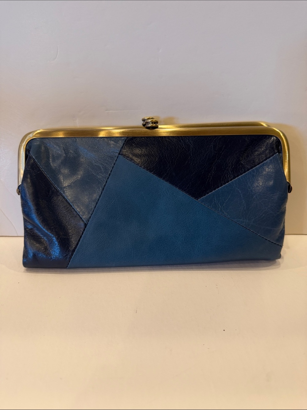HOBO Blue and Black Leather Colorblock Frame Clutch